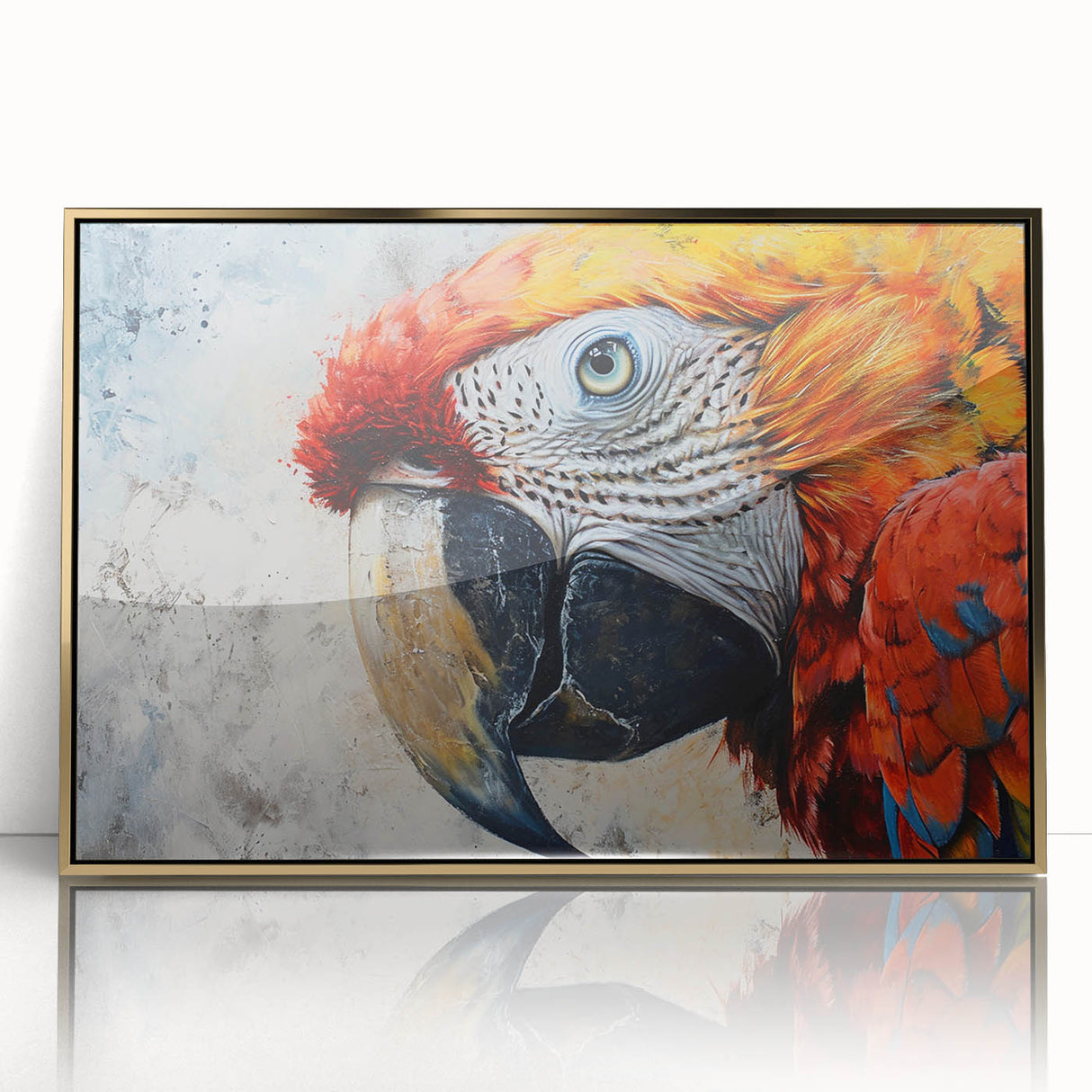 Framed wall art featuring a vibrant collection of colorful parrots in a stylish gold-acrylic frame, ideal for enhancing home decor with a tropical touch.