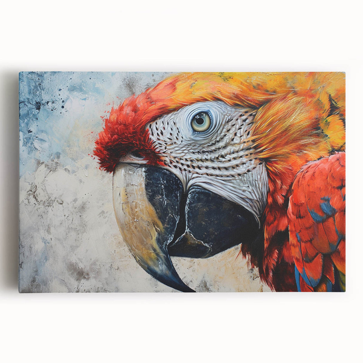 Vibrant stretched canvas wall art featuring a colorful collection of parrots in various poses, ideal for bird lovers and home décor enthusiasts.