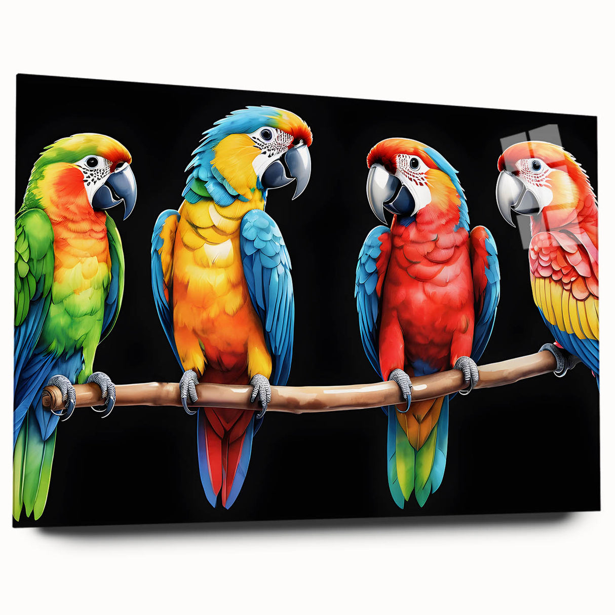 Vibrant acrylic glass wall art collection featuring a colorful parrot design on a white background, showcasing intricate details and a sleek side view. Ideal for bird lovers and home decor enthusiasts looking to add a tropical touch to their space.