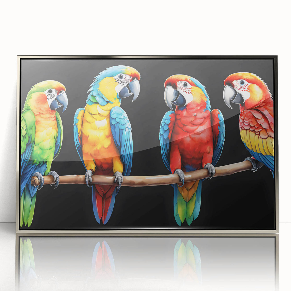 Framed wall art featuring a vibrant collection of colorful parrots, set within a sleek silver frame, ideal for enhancing home decor with a tropical theme.