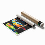 Vibrant wall art print showcasing a colorful collection of tropical parrots perched among lush green foliage, designed for nature enthusiasts and home decor lovers.