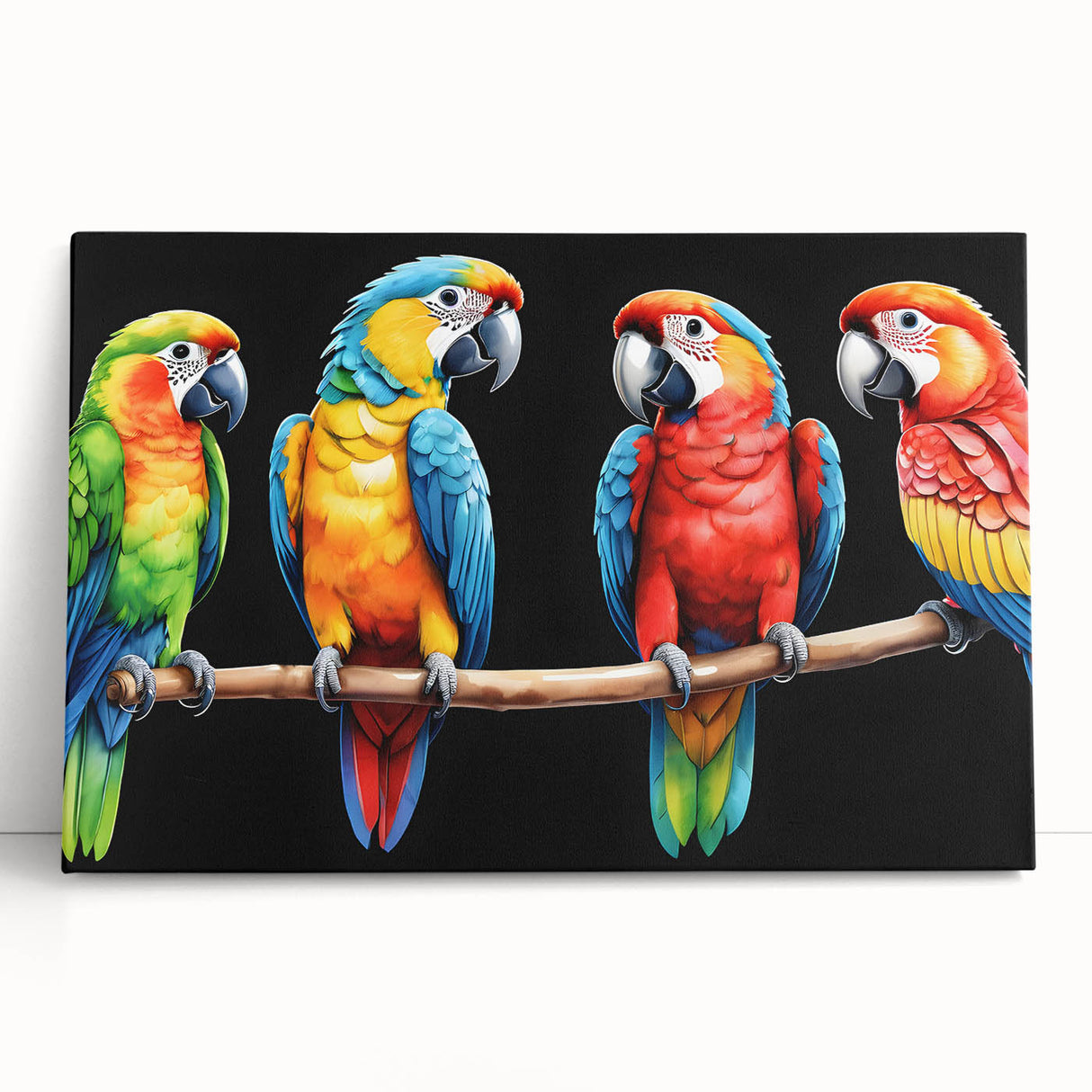Vibrant stretched canvas wall art featuring a colorful parrot design, showcasing tropical birds on a lush background, perfect for enhancing home decor.
