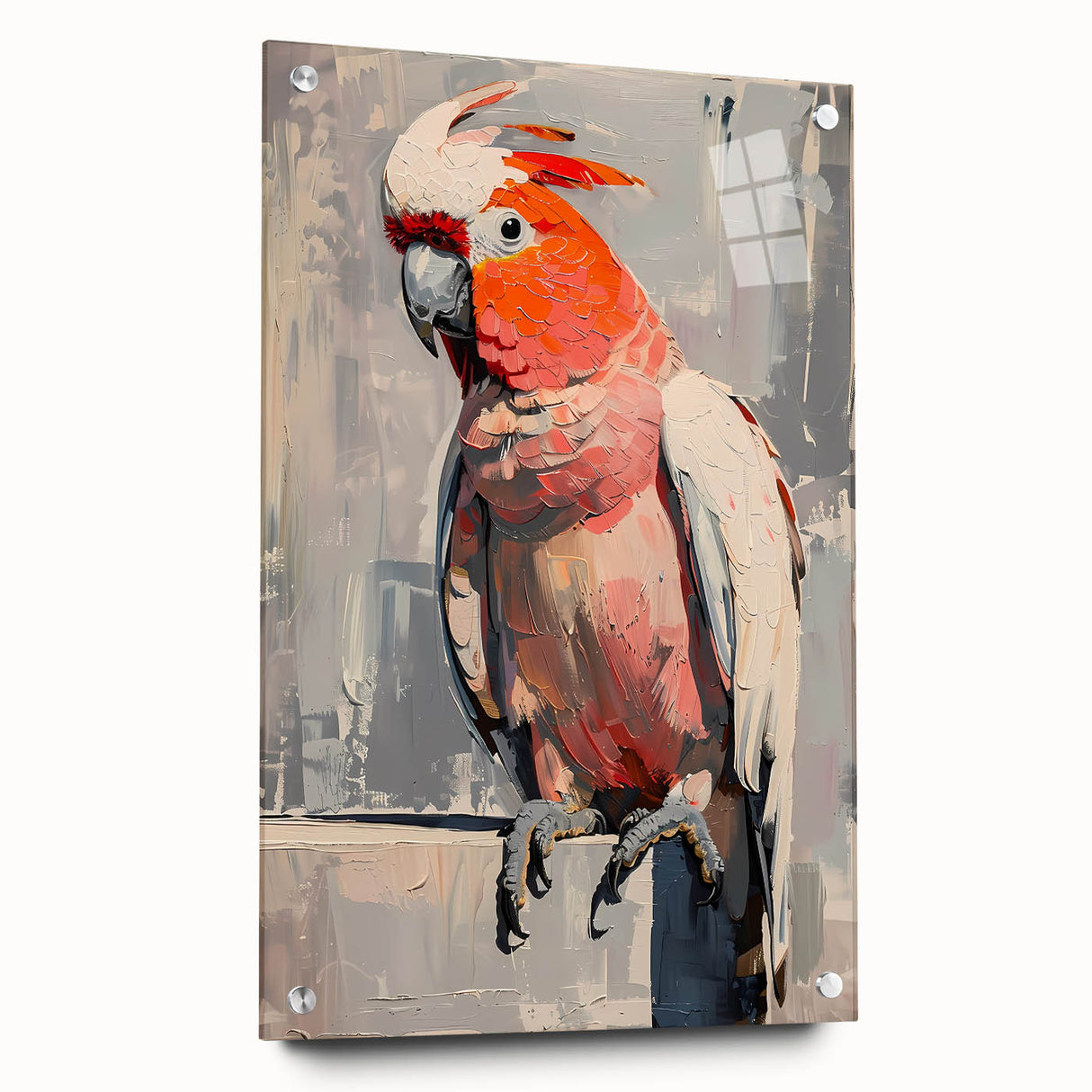Colorful acrylic wall art collection featuring a side view of vibrant parrot designs displayed on a glass panel, secured with decorative pins. Perfect for bird enthusiasts and contemporary decor.