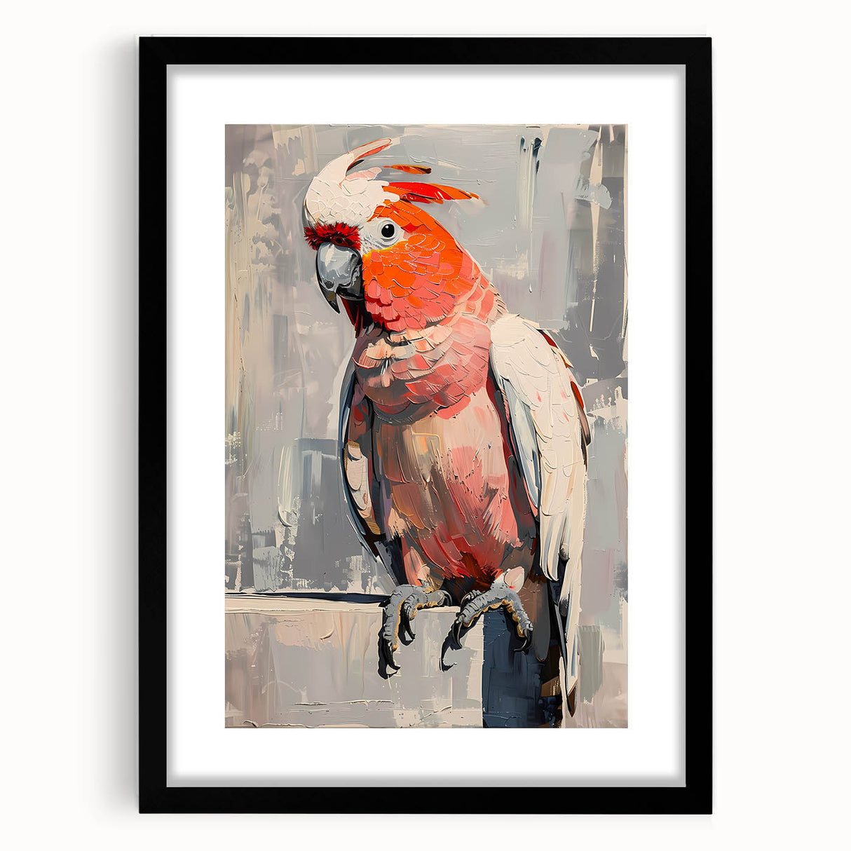 Framed wall art featuring a vibrant parrot design with a black mat, showcasing intricate details and bright colors, perfect for bird lovers and home decor enthusiasts.