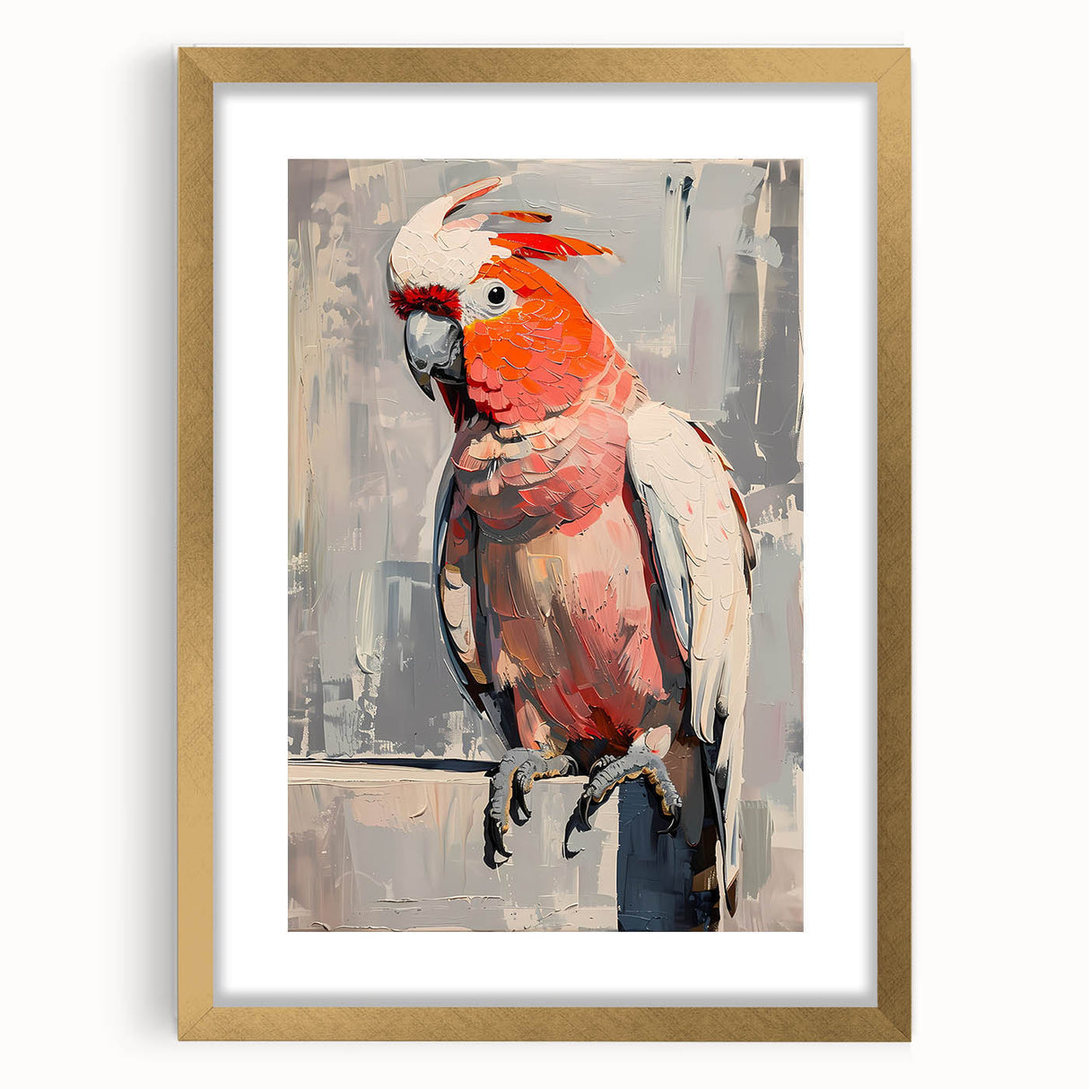 Framed wall art featuring a vibrant design of colorful parrots perched on branches, with a gold frame and mat, ideal for home decor and bird lovers.