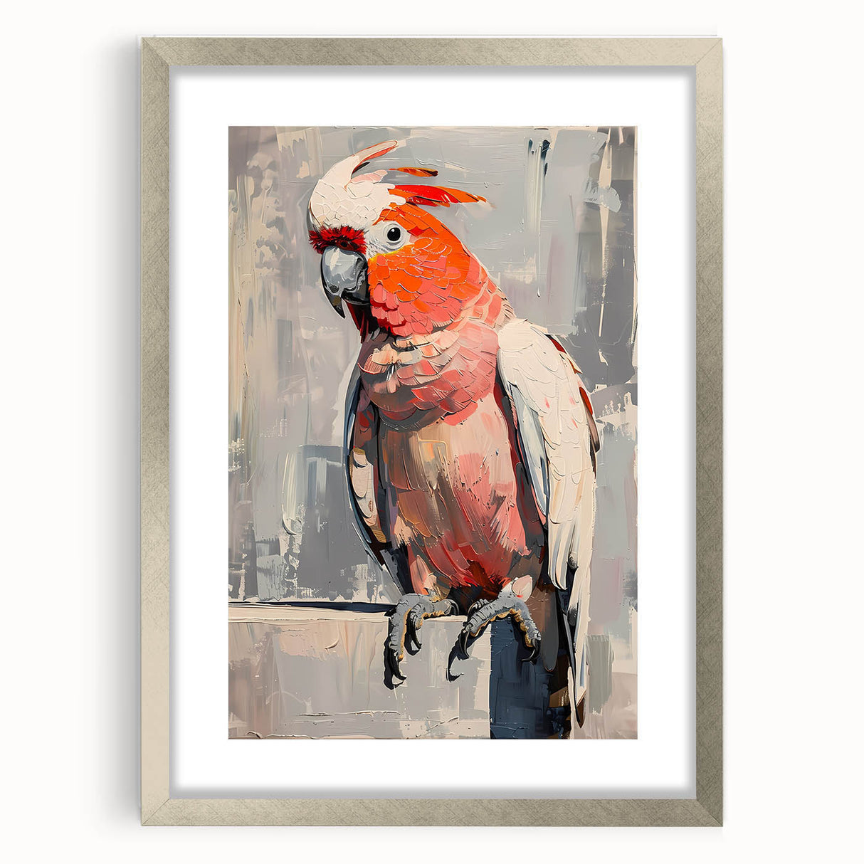 Framed wall art showcasing a vibrant parrot design in a silver frame with a white mat, perfect for adding a tropical touch to home decor.