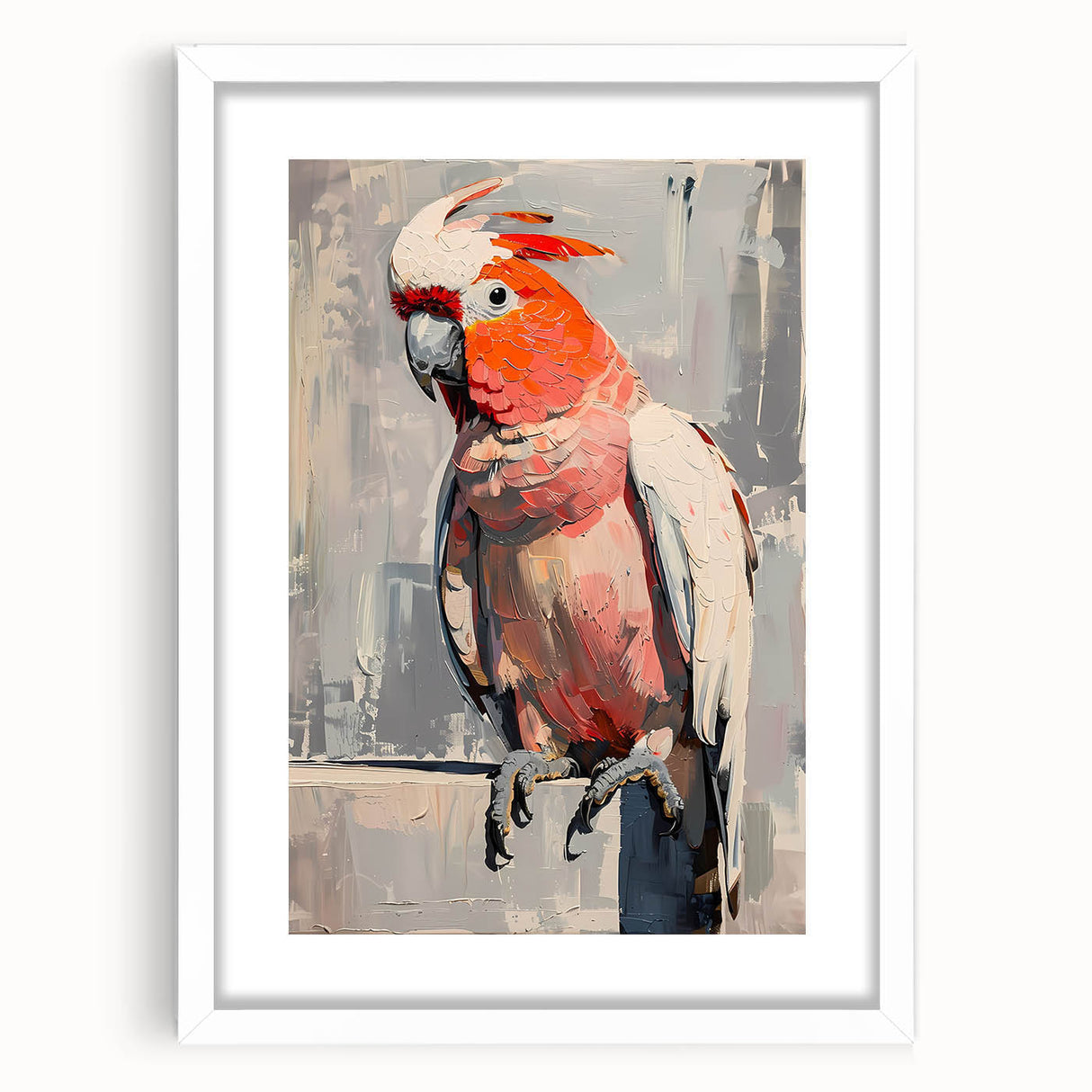 Framed wall art featuring a vibrant parrot design in a white mat, showcasing colorful birds on a light background, ideal for tropical-themed decor.