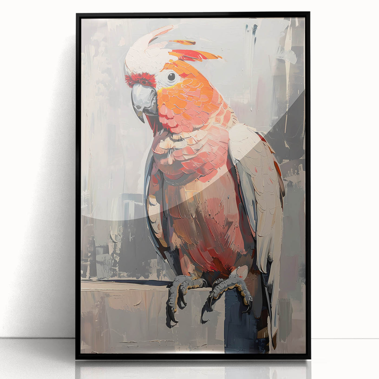 Framed wall art featuring a vibrant design of colorful parrots on a black background, showcasing intricate details and a modern aesthetic, perfect for bird lovers and home decor enthusiasts.