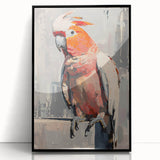 Framed wall art featuring a vibrant design of colorful parrots on a black background, showcasing intricate details and a modern aesthetic, perfect for bird lovers and home decor enthusiasts.