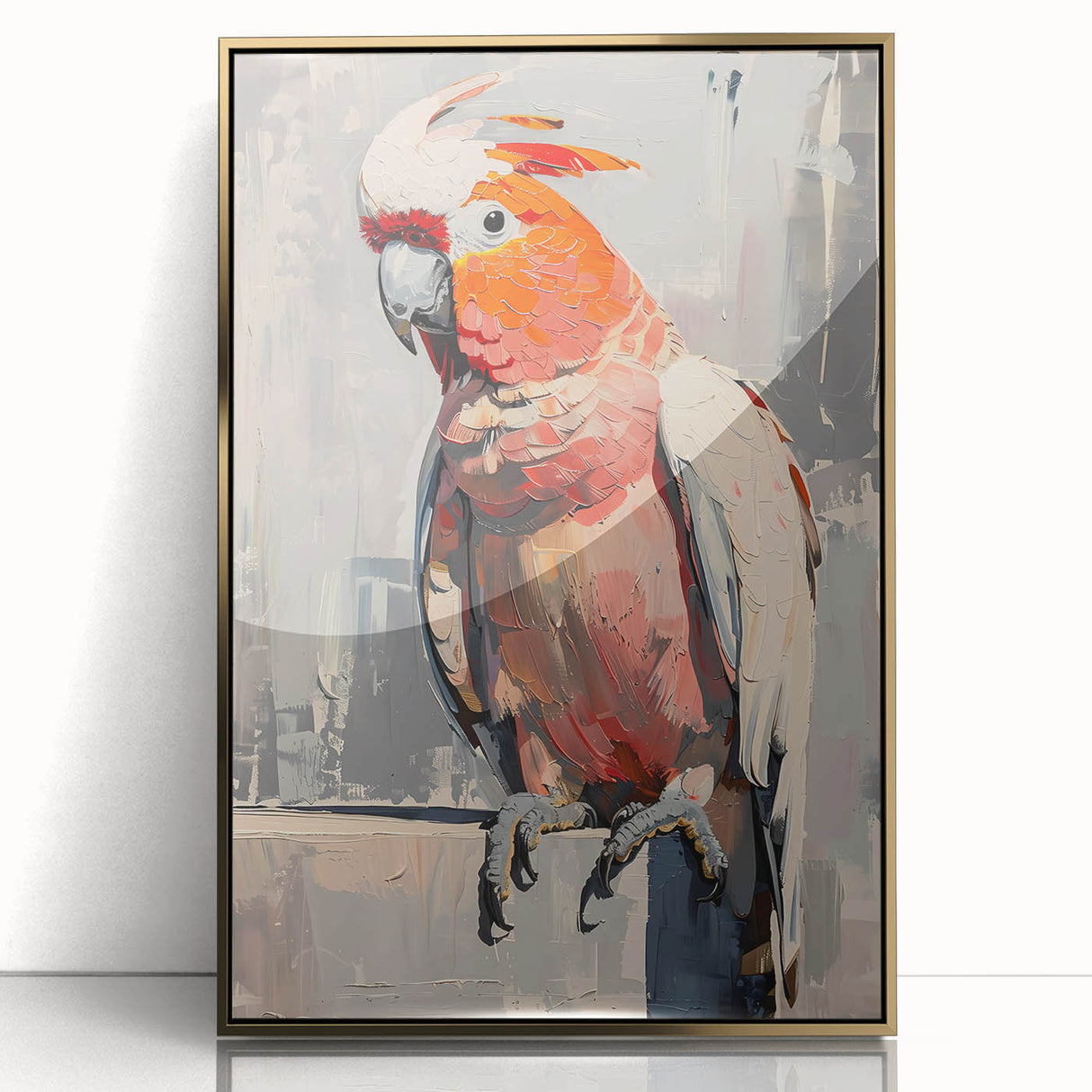 Framed wall art featuring a vibrant design of colorful parrots set against a gold-acrylic background, ideal for adding a tropical flair to any interior decor.