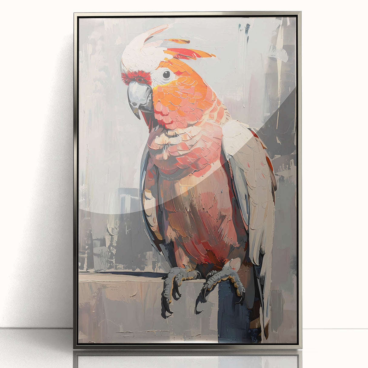 Framed acrylic wall art featuring a vibrant collection of colorful parrots on a silver background, showcasing intricate details and vivid hues, perfect for enhancing any living space.