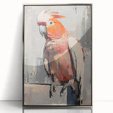 Framed acrylic wall art featuring a vibrant collection of colorful parrots on a silver background, showcasing intricate details and vivid hues, perfect for enhancing any living space.