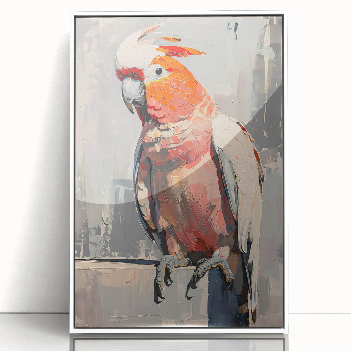Framed wall art featuring a vibrant collection of colorful parrots on a white background, ideal for adding a tropical touch to modern decor. The acrylic frame enhances the artwork's vivid colors and details, making it a perfect centerpiece for living rooms or offices.