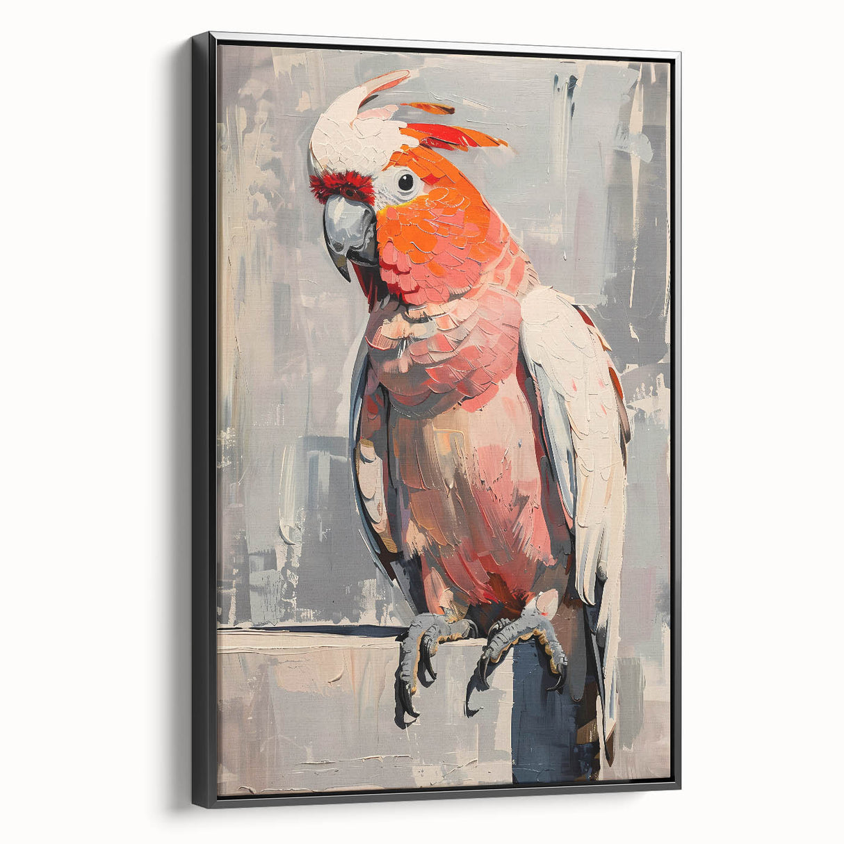 Framed wall art showcasing a vibrant parrot design on canvas, featuring a black frame and side view, perfect for adding a tropical touch to home decor.