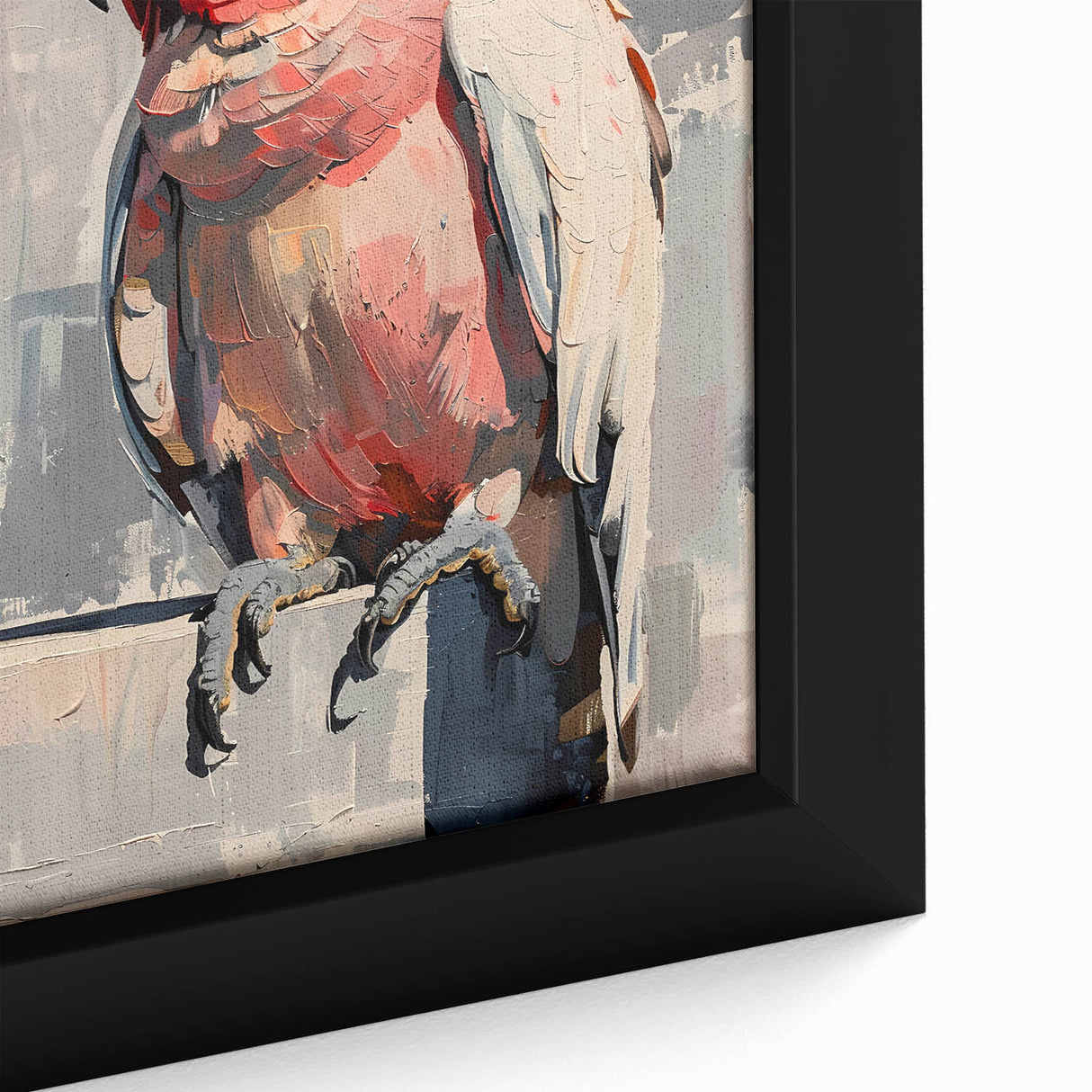 Close-up of a beautifully framed canvas wall art featuring vibrant, colorful parrots perched among lush tropical foliage, ideal for enhancing home decor with a nature-inspired theme.