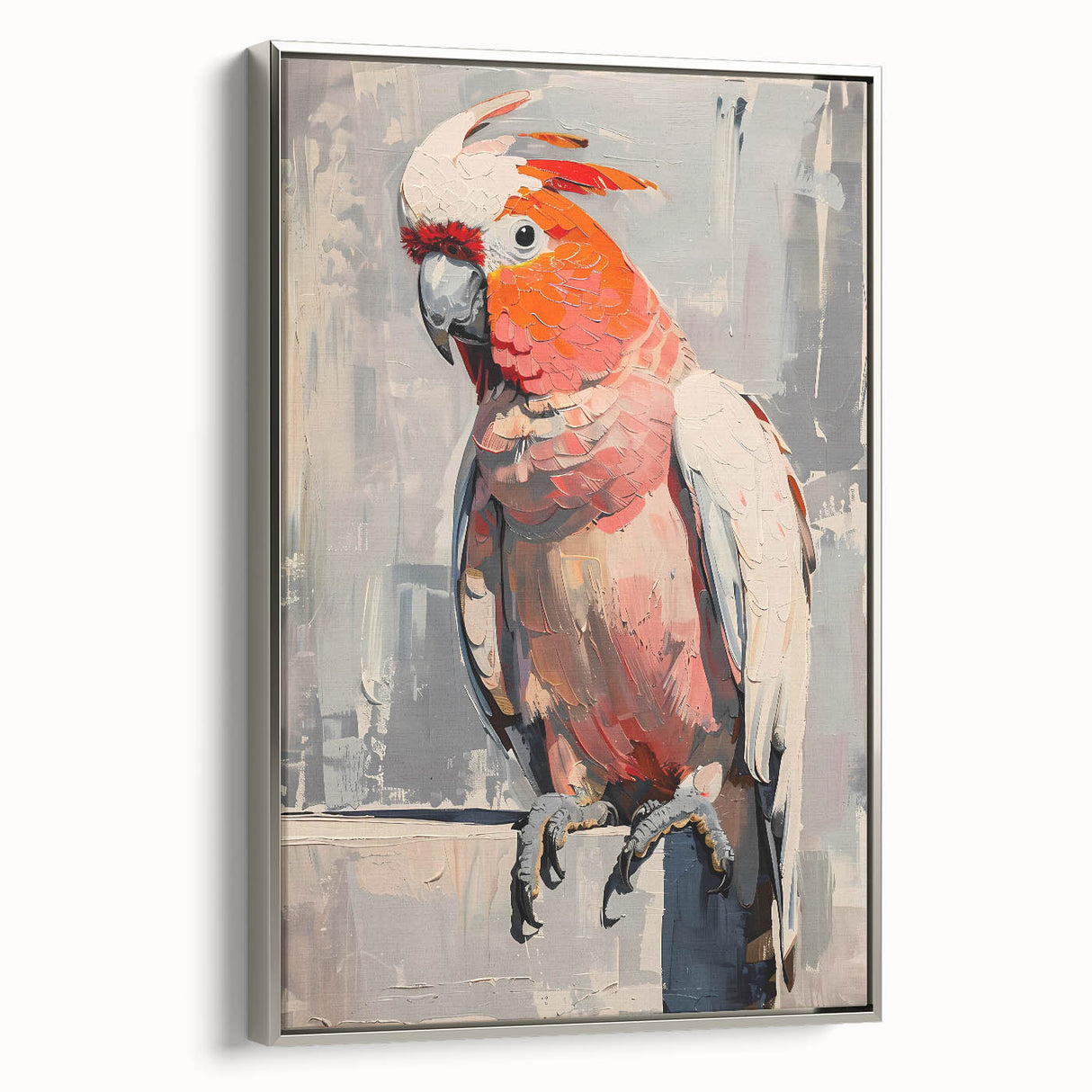 Framed wall art featuring a vibrant collection of parrot designs on canvas, showcasing detailed illustrations with a silver frame that enhances the colorful artwork.