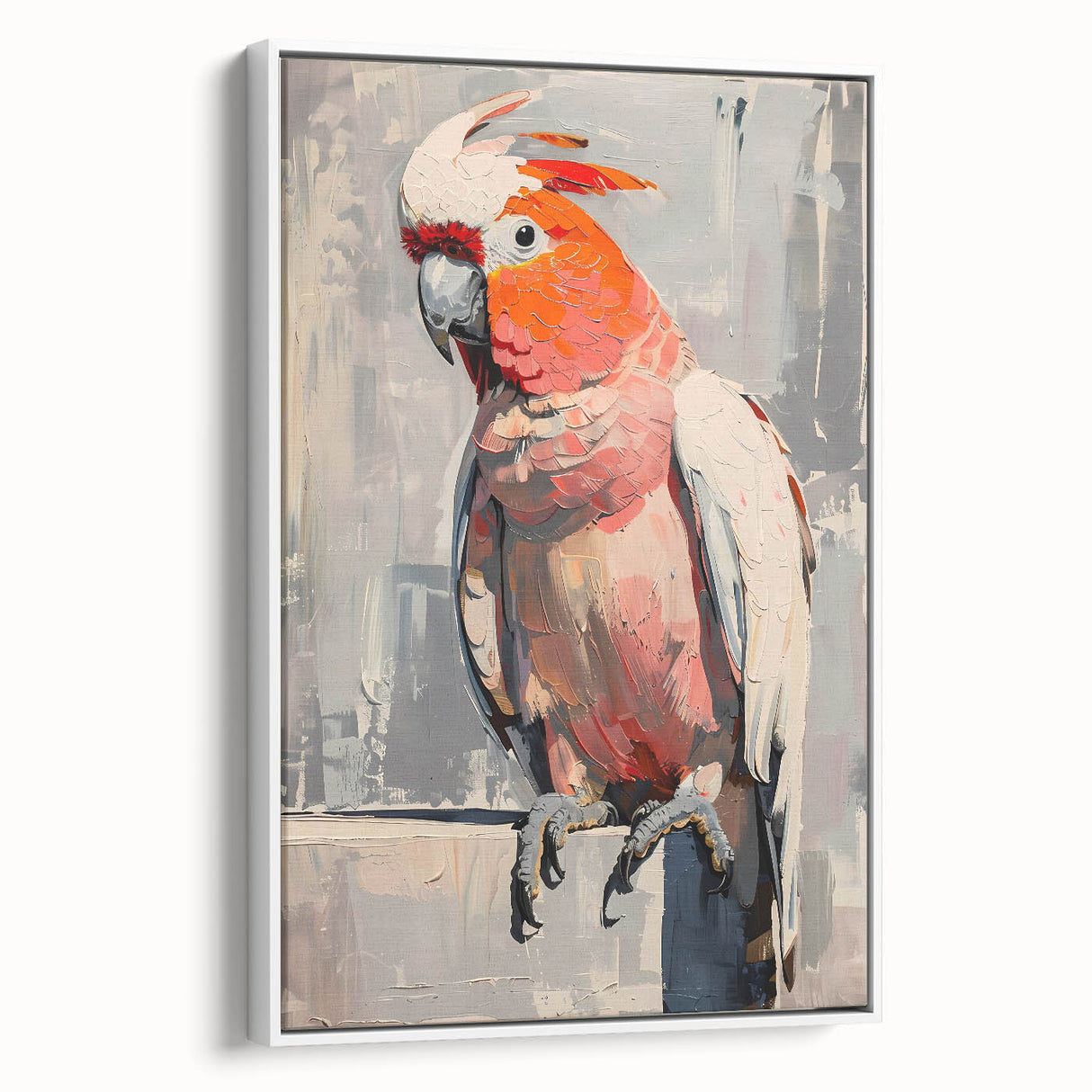 Framed canvas wall art showcasing a vibrant design of colorful parrots set against a white background, ideal for home decor and bird enthusiasts. This artwork adds a lively touch to any space.