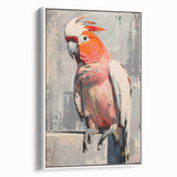 Framed canvas wall art showcasing a vibrant design of colorful parrots set against a white background, ideal for home decor and bird enthusiasts. This artwork adds a lively touch to any space.