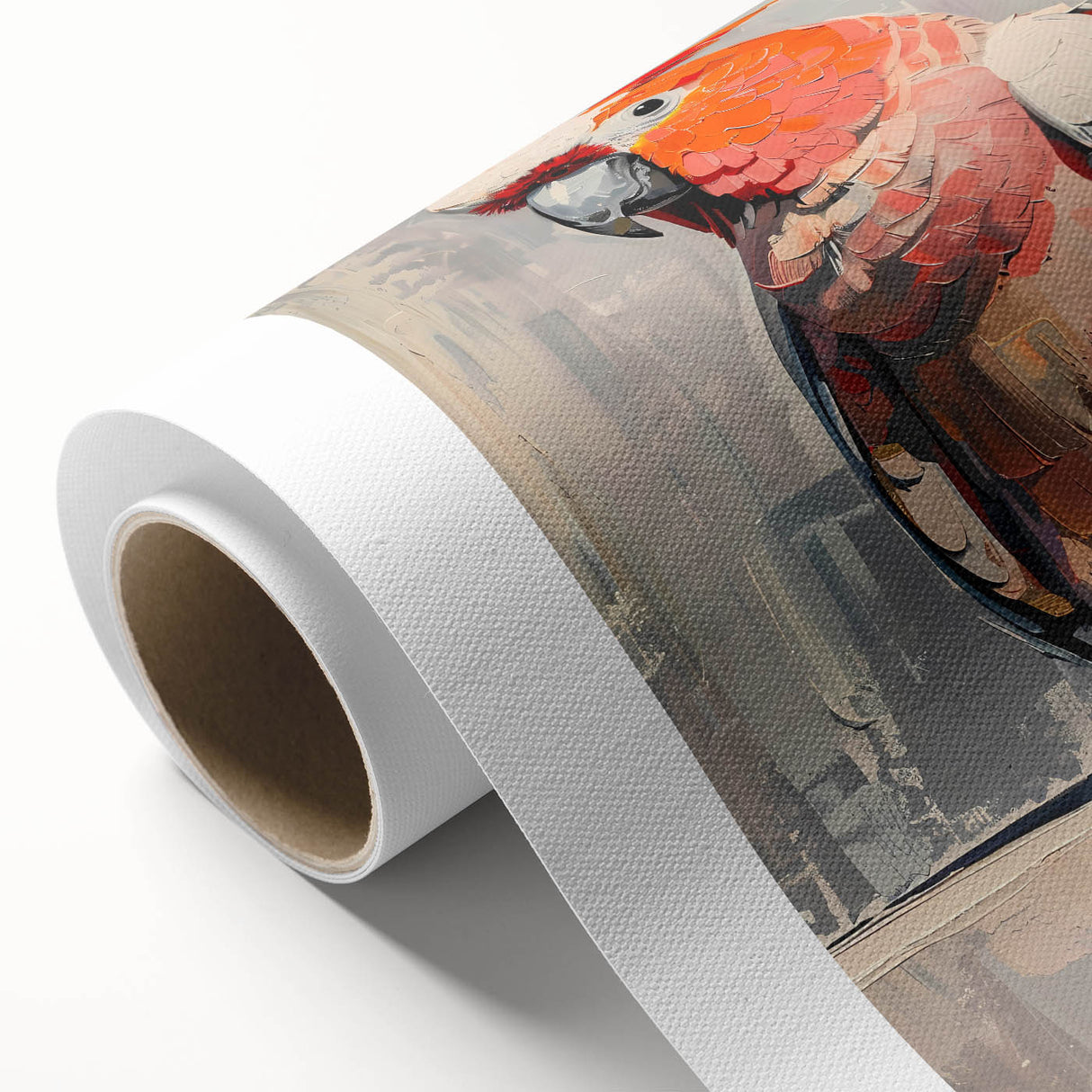 Vibrant rolled canvas showcasing a colorful parrot design, perfect for home decor, presented in a protective cardboard tube for easy storage and display.