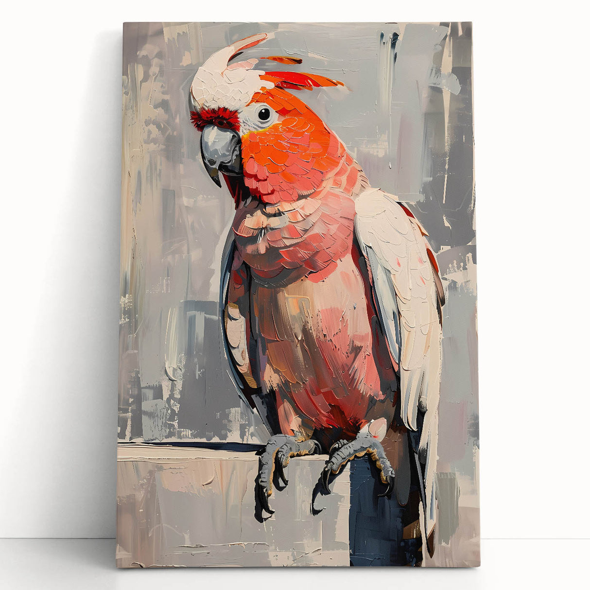 Vibrant wall art featuring a colorful collection of parrots on a stretched canvas, showcasing intricate details and textures, perfect for enhancing any living space.