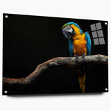 Colorful acrylic wall art featuring a vibrant parrot design, showcasing intricate details and textures, mounted with pins for display in a modern interior setting.