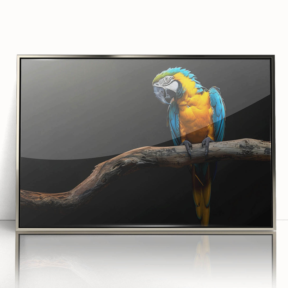 Framed wall art featuring a vibrant parrot design in acrylic with a sleek silver frame, showcasing colorful tropical birds against a contrasting background, ideal for adding a lively touch to home decor.
