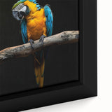 Vibrant close-up of a framed canvas wall art featuring colorful parrots in a lush tropical setting, showcasing intricate details and vivid hues perfect for home decor.