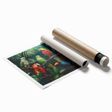 Vibrant rolled print showcasing a collection of colorful parrots in a tropical setting, perfect for enhancing home decor with nature-inspired art.