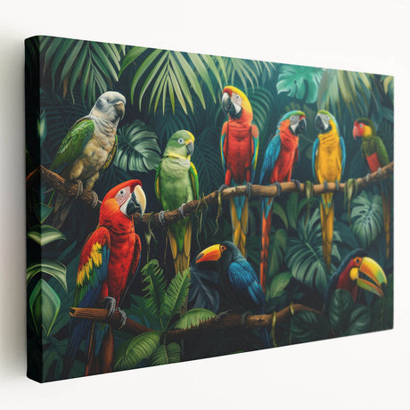 Vibrant stretched canvas wall art featuring a colorful parrot design, showcasing intricate details and textures, ideal for enhancing home decor or office spaces.