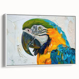 Framed wall art featuring a vibrant parrot design in a colorful tropical setting, showcasing intricate details and vivid colors against a white background. Ideal for home decor enthusiasts seeking a lively and exotic touch.