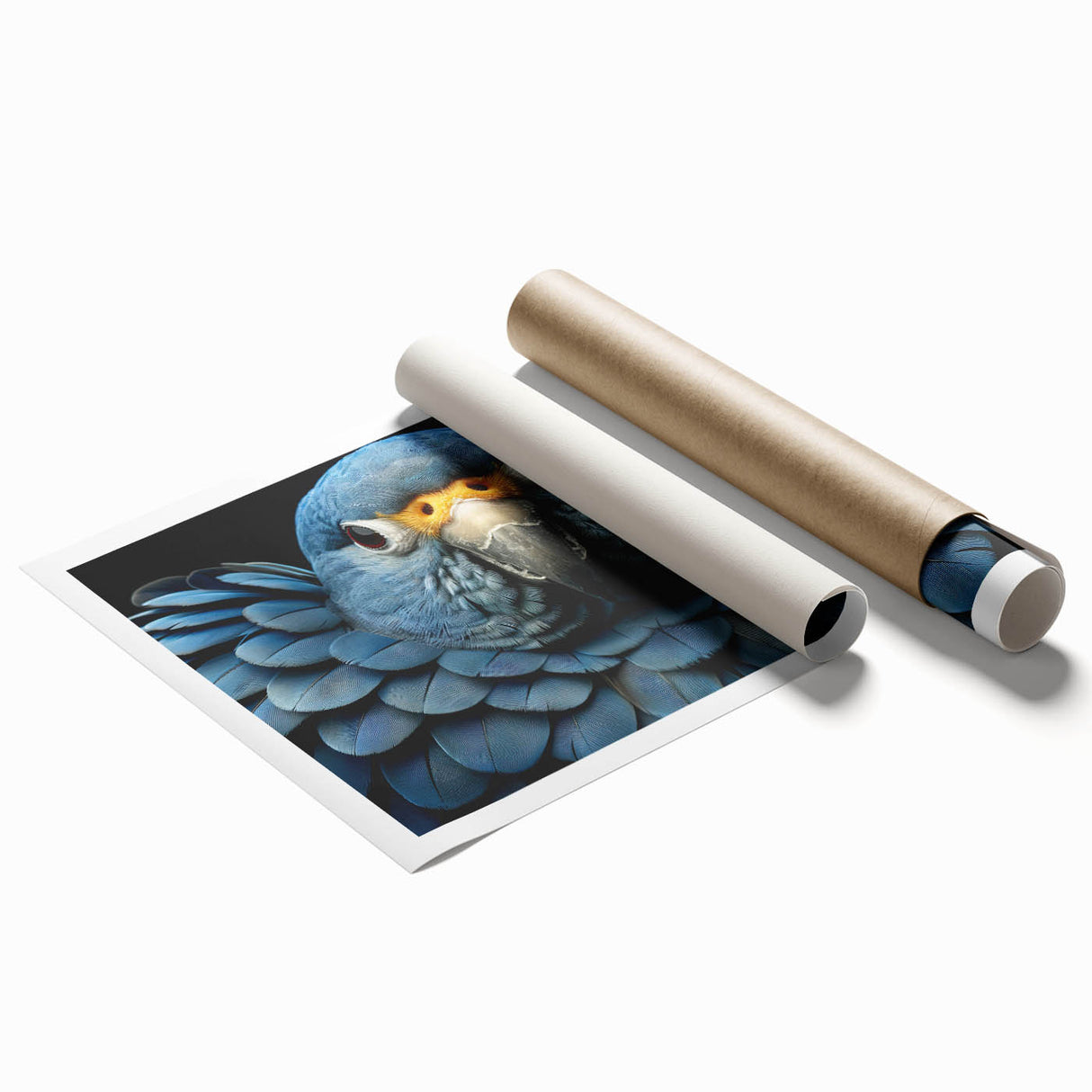 Colorful wall art print featuring a vibrant design of various parrot species, perfect for tropical-themed decor. The print is rolled and neatly packaged for delivery.