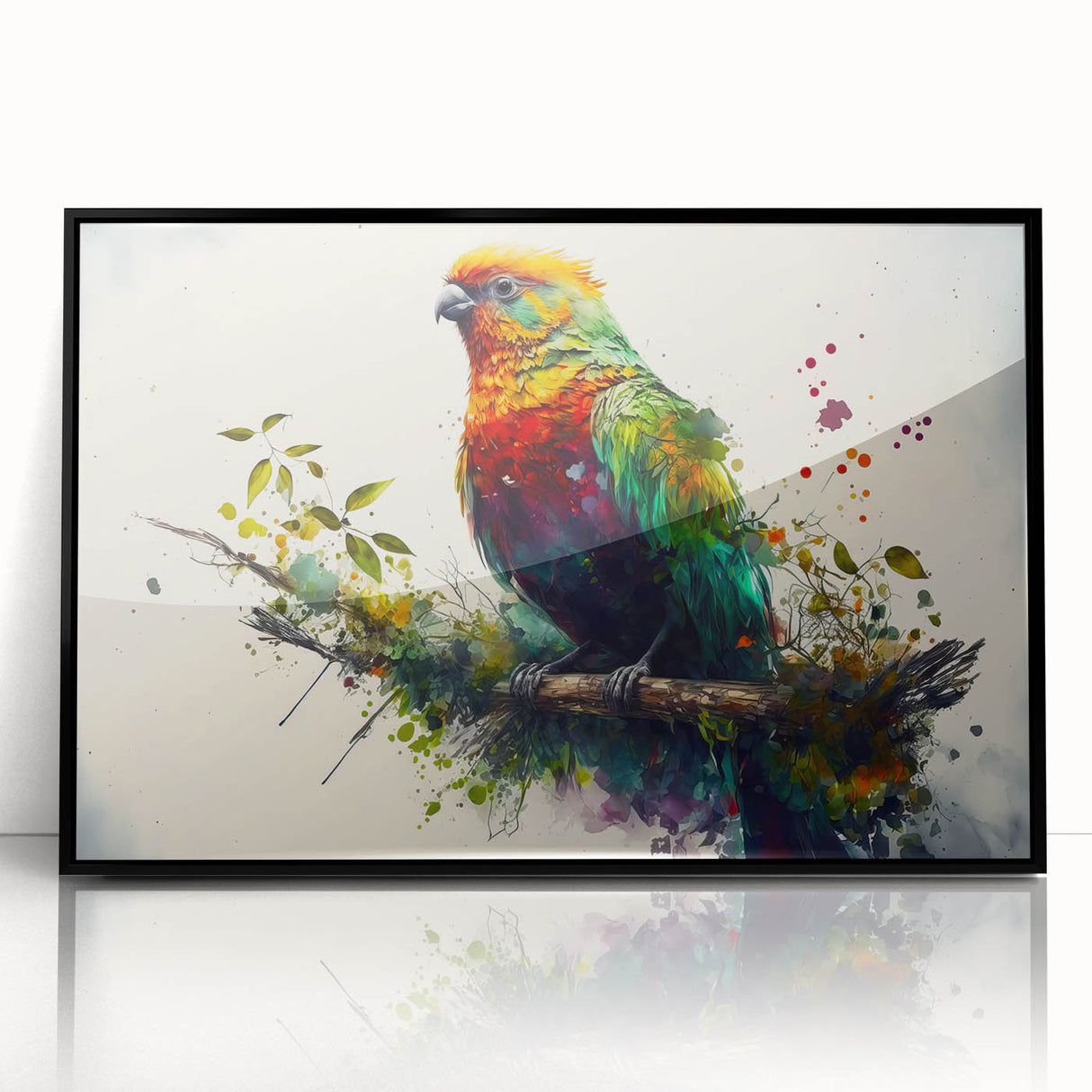 Framed acrylic wall art featuring a vibrant collection of colorful parrots against a sleek black background, perfect for enhancing modern interior decor.