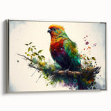 Framed wall art featuring a vibrant collection of colorful parrot designs on canvas, set against a silver frame, showcasing a contemporary aesthetic perfect for bird lovers.