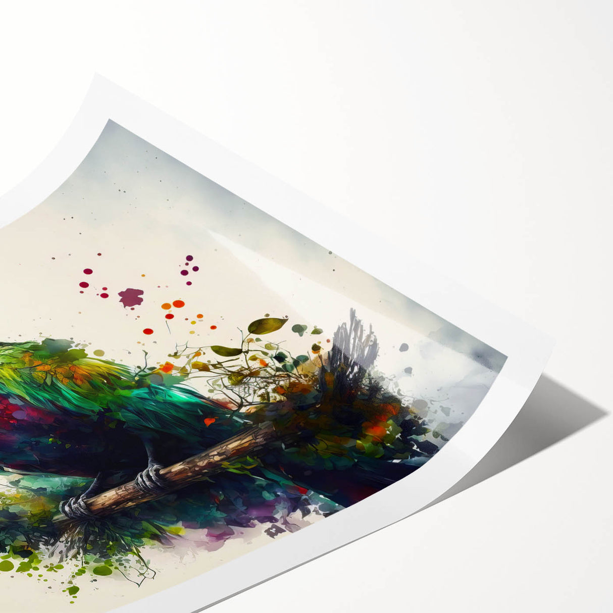 Colorful wall art print featuring a vibrant design of various parrots perched among tropical leaves, showcasing detailed illustrations and a lively color palette, perfect for bird enthusiasts and home decor.