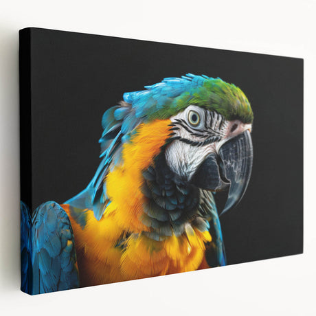 Vibrant wall art canvas featuring a colorful parrot design in a tropical setting, showcasing detailed feathers and vivid colors; perfect for nature-themed decor.