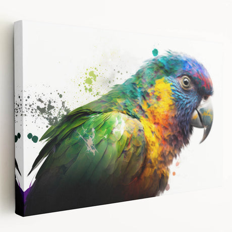 Colorful wall art canvas featuring a vibrant collection of parrot designs, showcasing detailed illustrations of various bird species in a tropical setting, perfect for home decor.