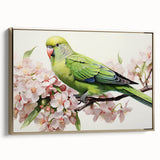 Framed canvas wall art showcasing a vibrant collection of colorful parrots, set against a gold background, ideal for adding a tropical touch to home decor.