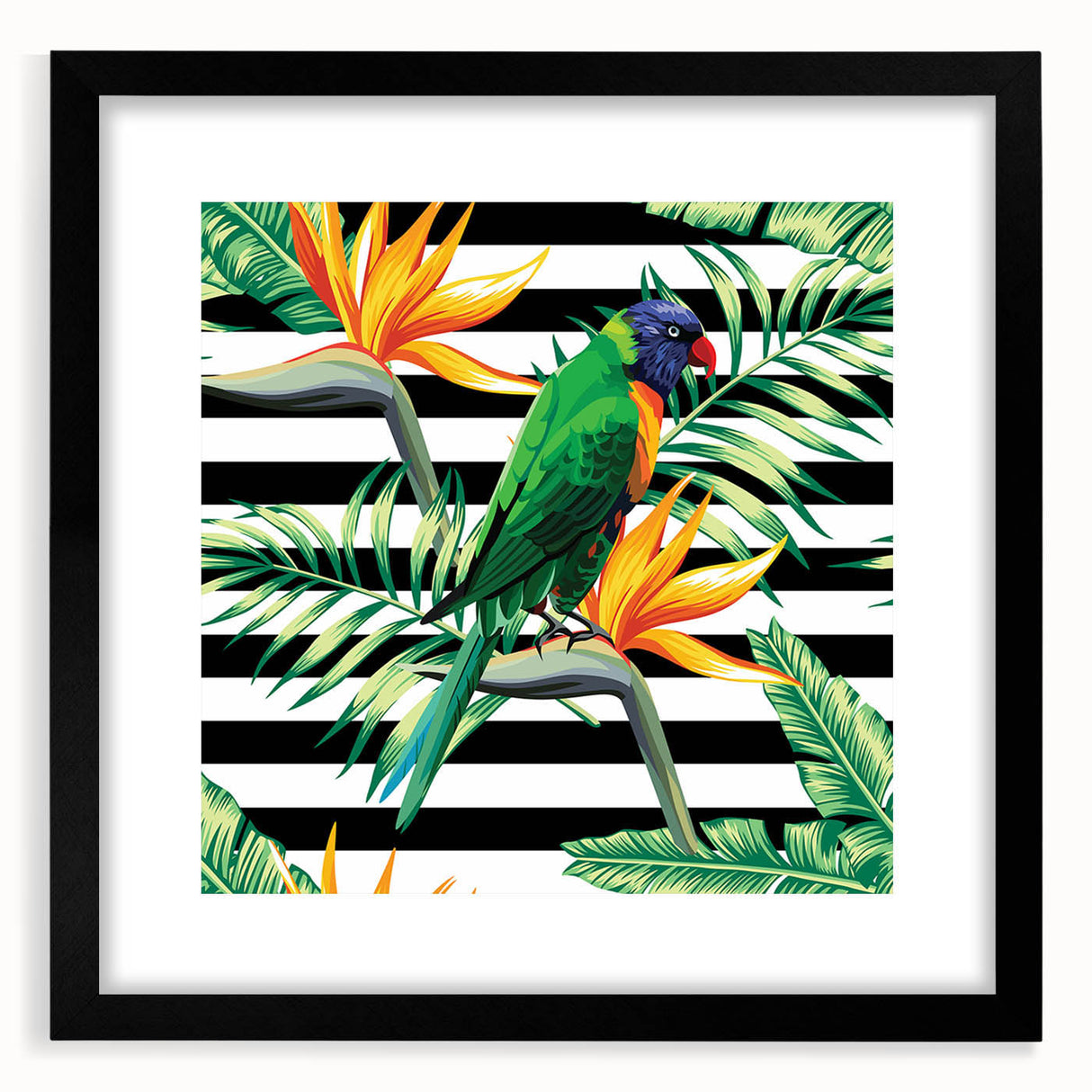 Framed wall art featuring a vibrant parrot design, showcasing colorful tropical birds against a black background, ideal for enhancing home decor.