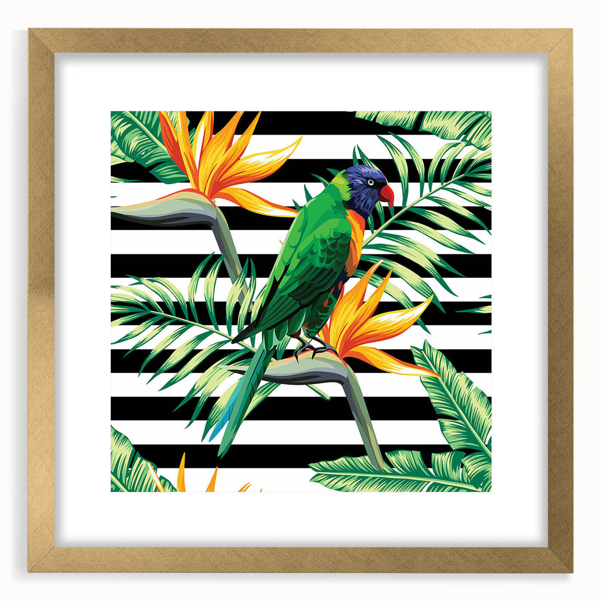 Framed wall art showcasing a vibrant design of colorful parrots, featuring a gold frame and matting, perfect for enhancing modern home decor.