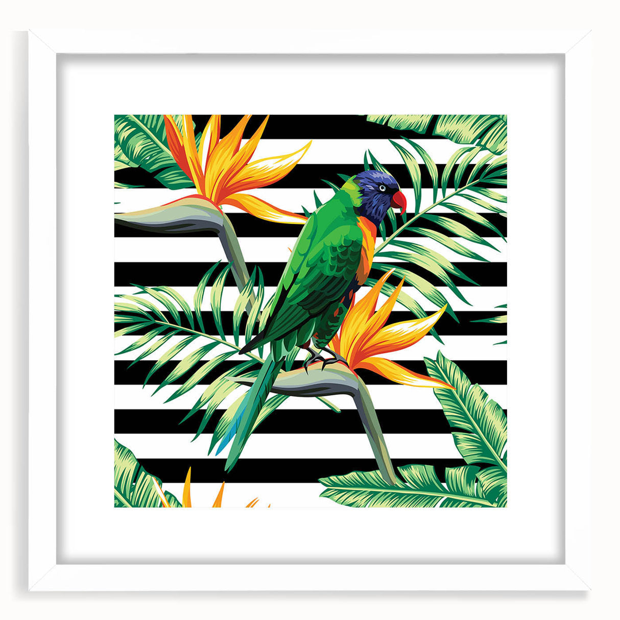 Colorful wall art frame showcasing a vibrant design of parrots against a white background, ideal for adding a lively touch to home decor. Perfect for bird lovers and nature enthusiasts.