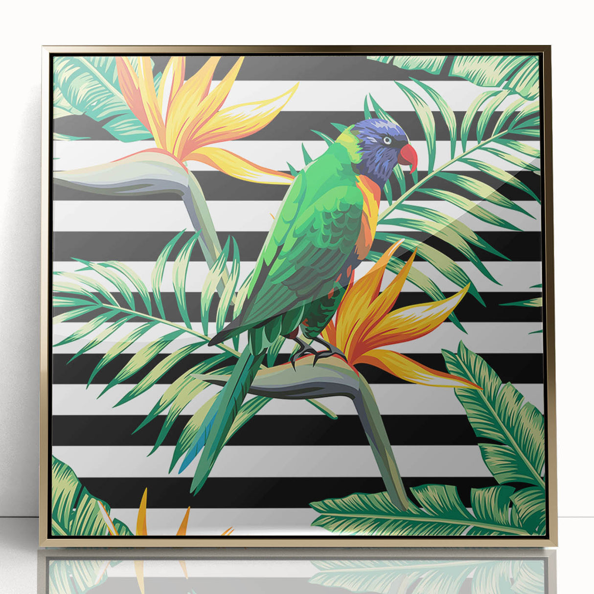 Framed acrylic wall art showcasing a vibrant design of colorful parrots, set against a gold background, ideal for enhancing modern home decor.