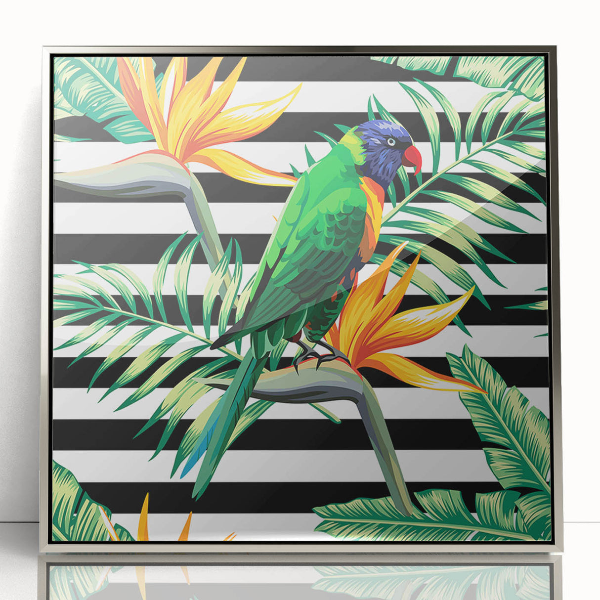 Framed wall art featuring a vibrant collection of colorful parrots with a sleek silver frame, showcasing detailed bird illustrations against a neutral background, perfect for enhancing home decor.