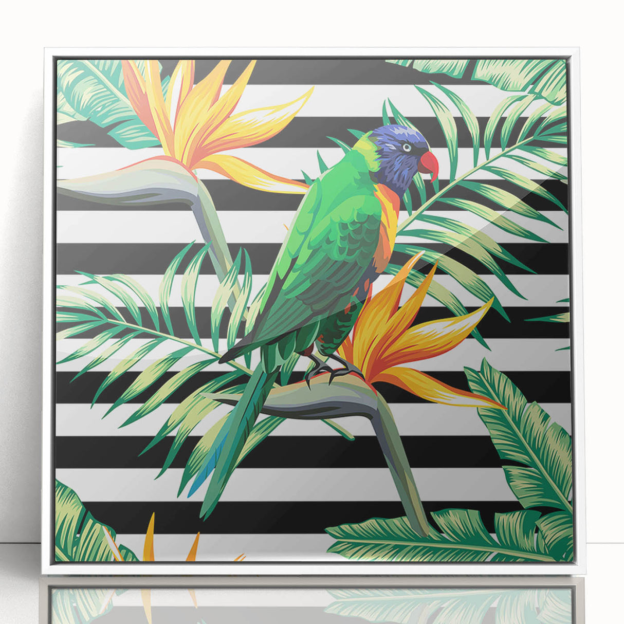 Framed wall art displaying a vibrant collection of colorful parrot designs in acrylic, set against a white background, perfect for bird lovers and home decor enthusiasts.