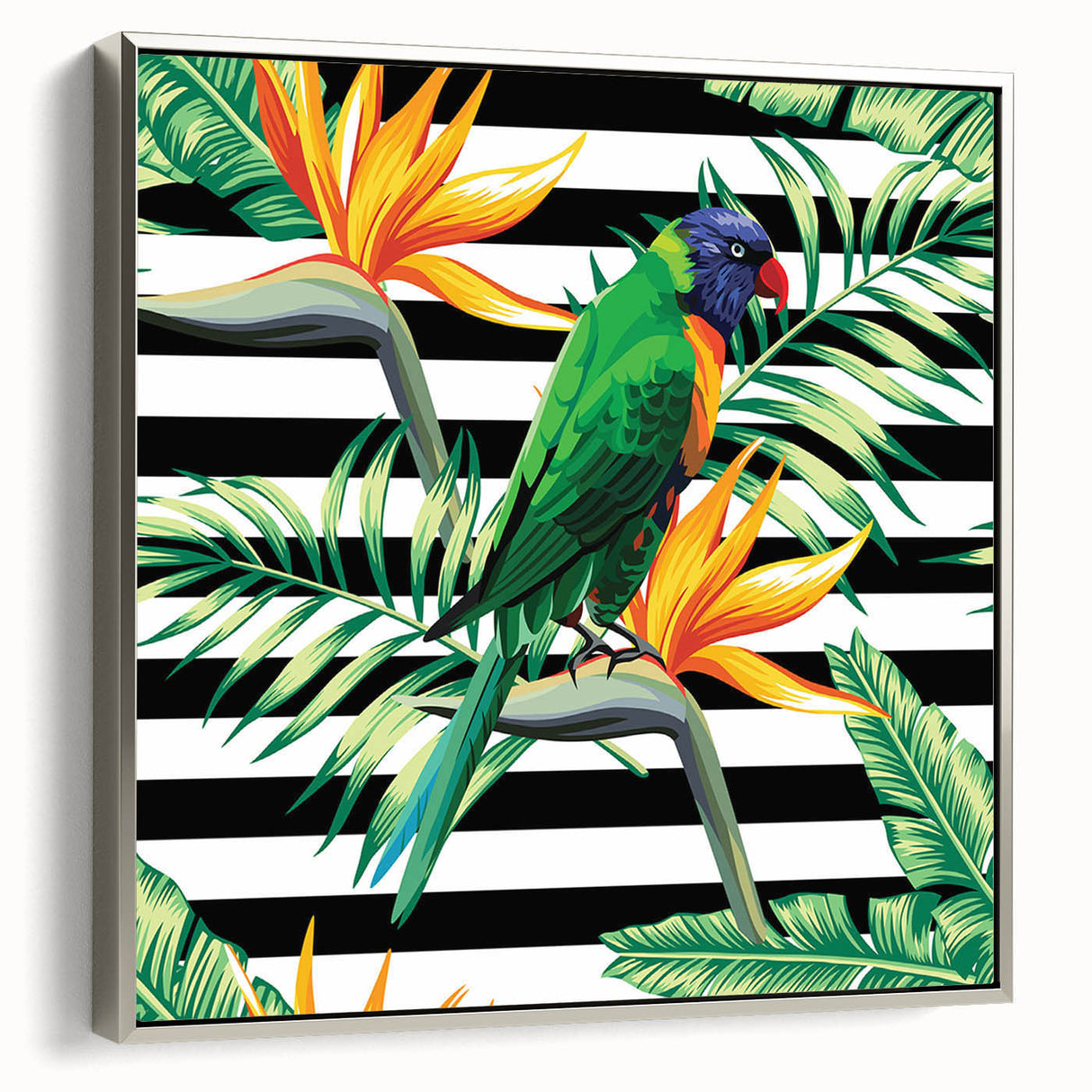 Framed wall art featuring vibrant parrots in a tropical setting, showcasing intricate details and vivid colors, enhancing any living space decor.