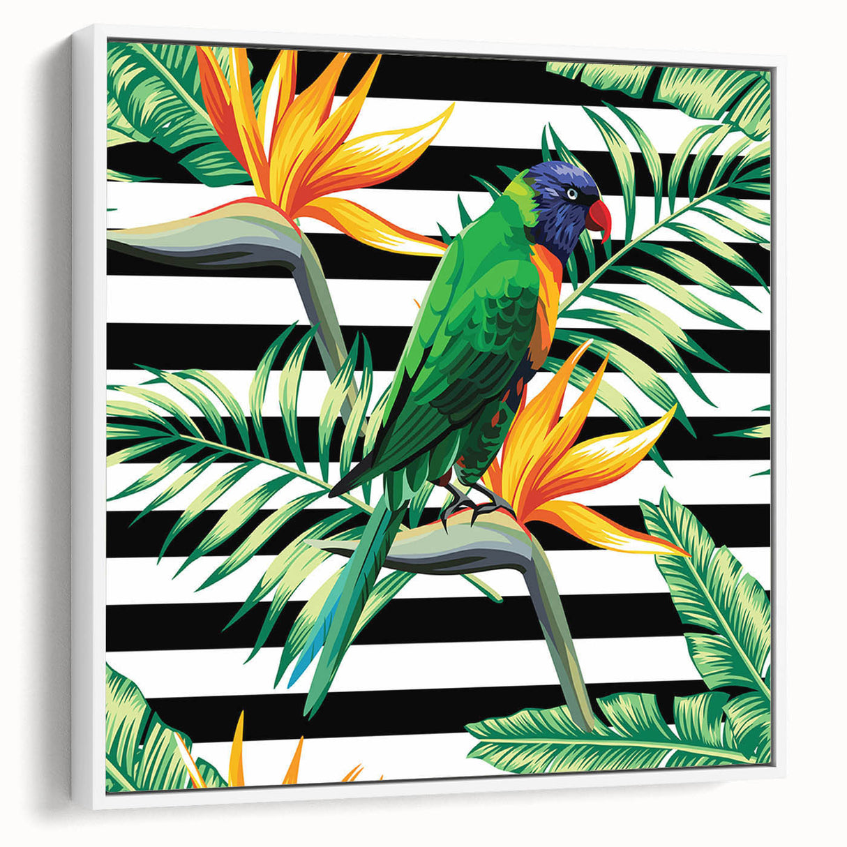 Framed canvas wall art showcasing a vibrant parrot design in a contemporary setting, featuring a white frame and side view, ideal for tropical-themed decor.