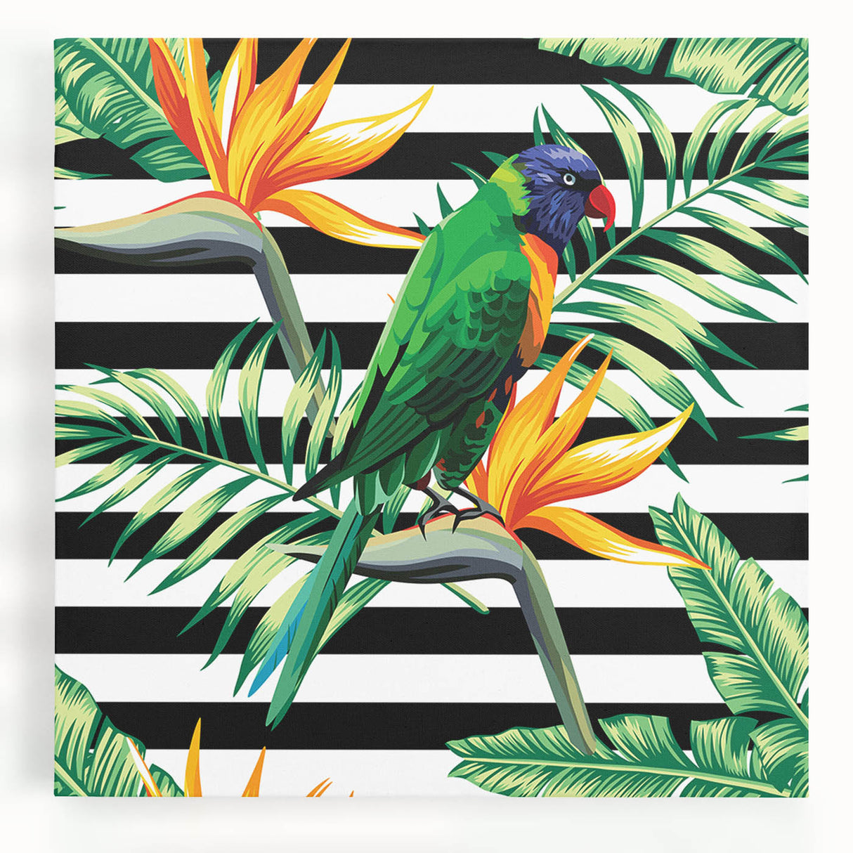 Vibrant canvas wall art showcasing colorful parrots perched among lush tropical leaves, perfect for adding a lively touch to any living space or office decor.