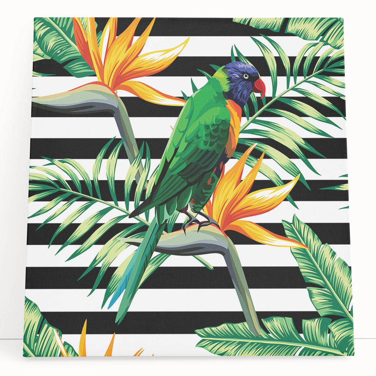 Vibrant wall art featuring colorful parrots on a stretched canvas, showcasing intricate details and lively hues, perfect for adding a tropical touch to home decor.