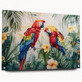 Vibrant wall art collection showcasing colorful parrot designs printed on acrylic glass, elegantly displayed with pins from a side view, perfect for bird lovers' decor.
