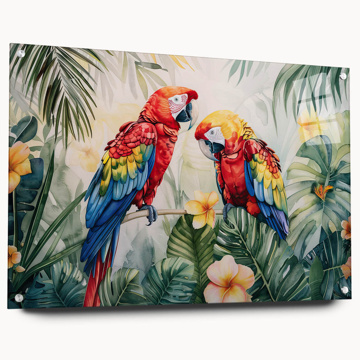 Vibrant wall art collection showcasing colorful parrot designs printed on acrylic glass, elegantly displayed with pins from a side view, perfect for bird lovers' decor.