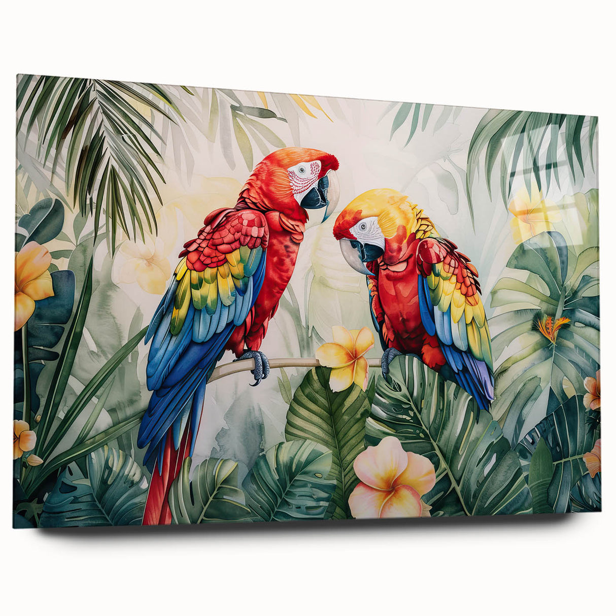 Vibrant acrylic glass wall art showcasing a colorful parrot design, displayed from a side view, highlighting its sleek edges and modern aesthetic.